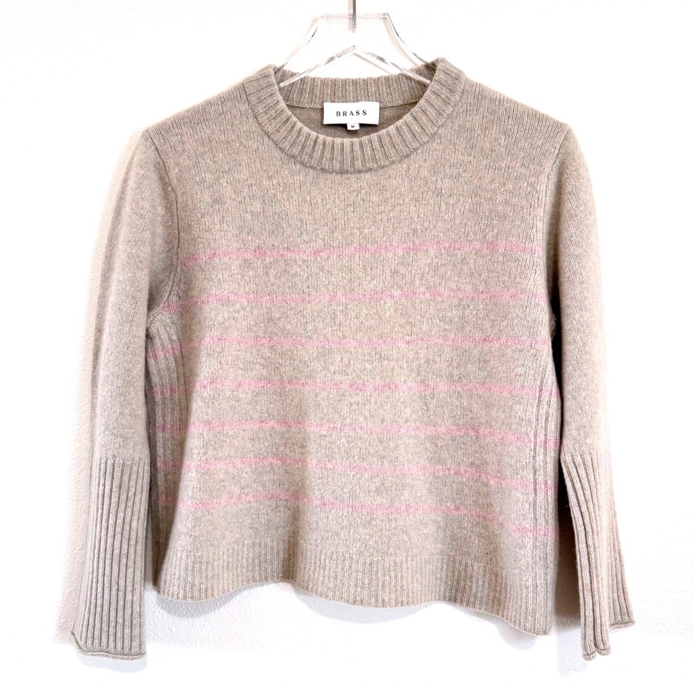 BRASS Oatmeal Beige Cashmere Pullover Sweater Thin Pink Stripes Medium